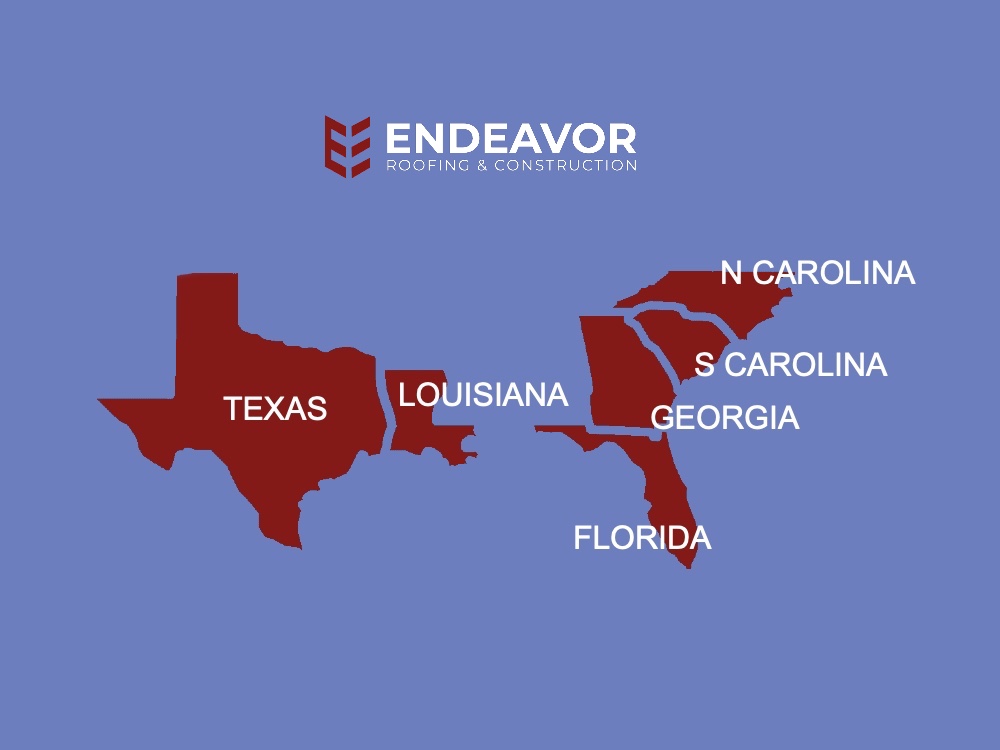 Simple map show Endeavor Roofing and Construction logo over map of service areas including the states of Texas, Louisiana, Georgia, Florida, North Carolina and South Carolina